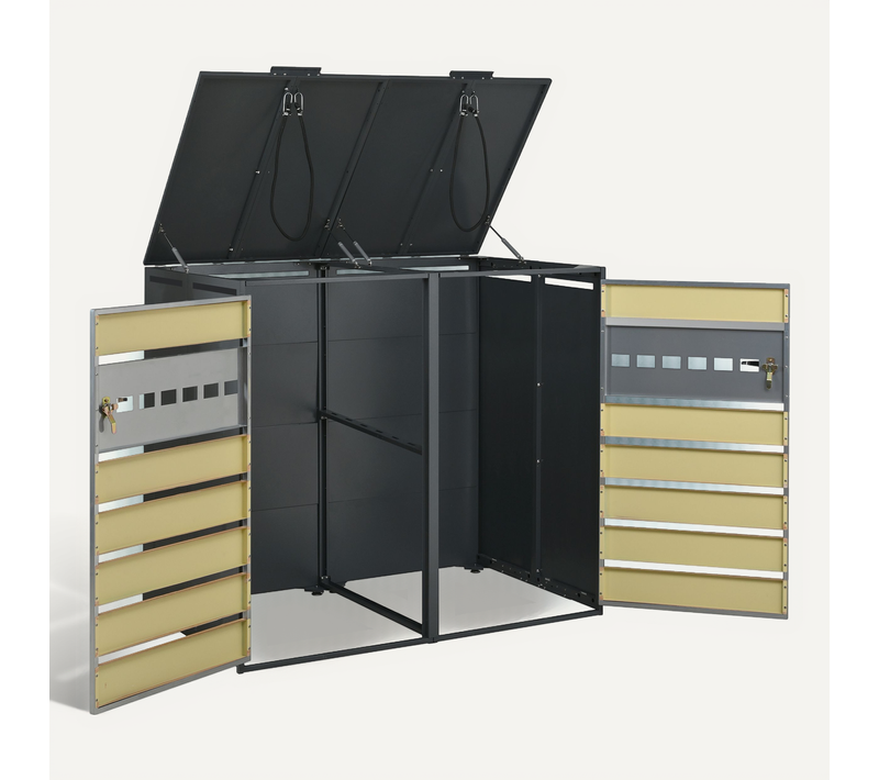 Cache-poubelles Extérieur 2 Bacs Avec Couvercle Rabattable Verrouillable Gris Et Bois