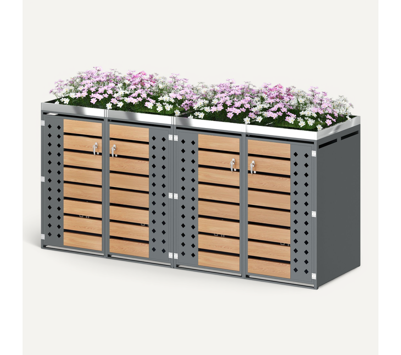 Cache-poubelles 4 Compartiments Verrouillable Avec Bac à Fleurs, En Acier Gris Et Décor Bois