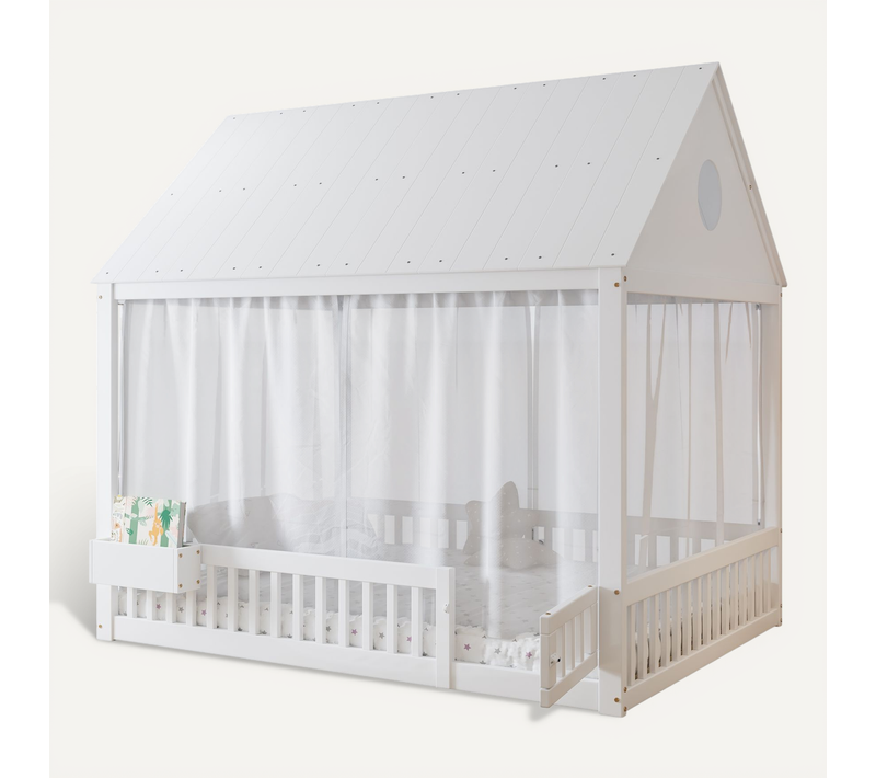 Lit Cabane Enfant 140x200 Cm Avec Rangement, Sommier à Lattes Et Rideau Décoratif, Bois Blanc