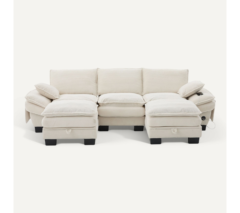 Canapé D'angle 3 Places Modulable Avec 2 Poufs, Ports USB Et Coffres De Rangement, Tissu Beige