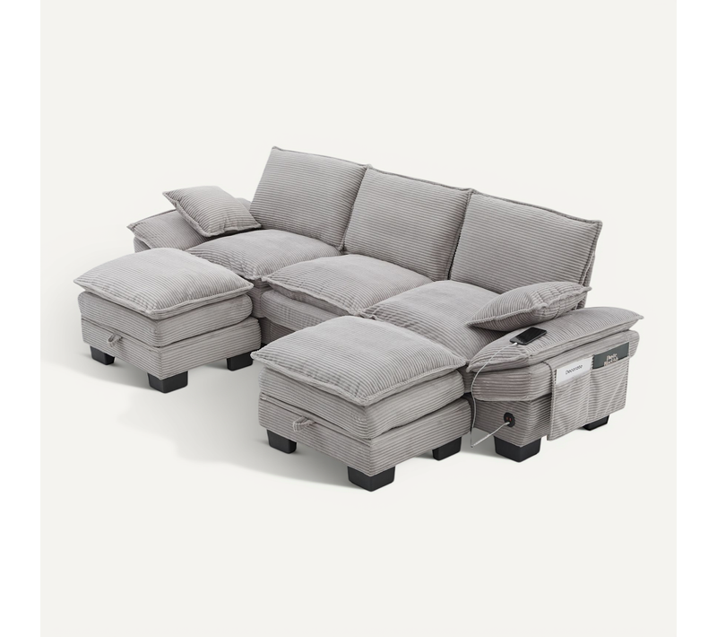 Canapé D'angle 3 Places Avec 2 Coffres Rangement, USB Et Poches Latérales, Tissu Gris Clair