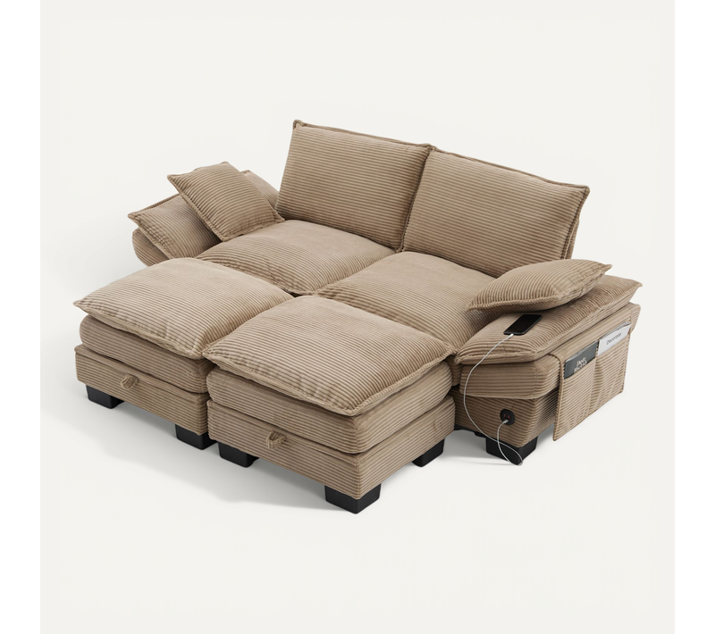 Canapé Modulable 2 Places 190x132 Cm Avec 2 Poufs De Coffre, USB Et Poches Latérales, Tissu Kaki