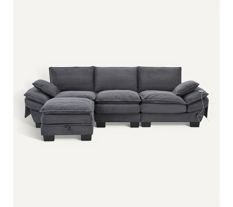 Canapé D'angle Modulable 3 Places Avec Pouf De Rangement, USB Et Poches Latérales, Tissu Gris Foncé