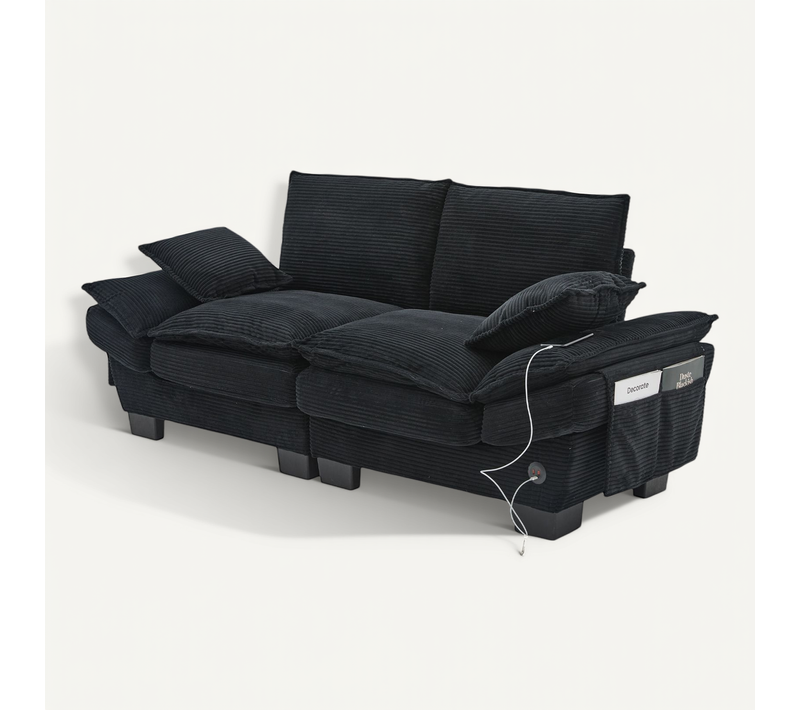 Canapé 2 Places 190x73 Cm En Velours Côtelé Noir Avec Ports USB/type-c Et Poches Latérales