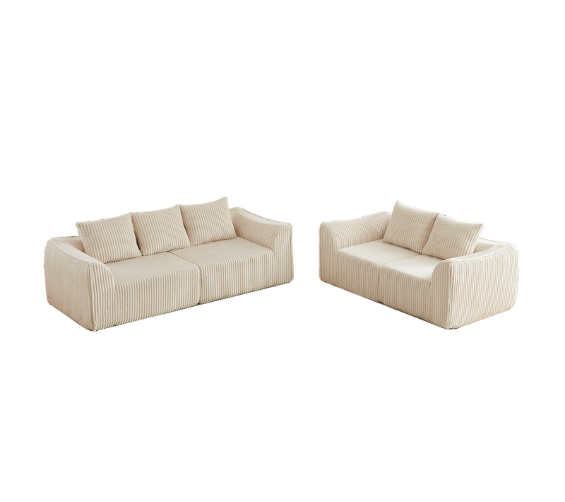 Canapé Modulable 5 Places En Tissu Côtelé Beige, 5 Coussins