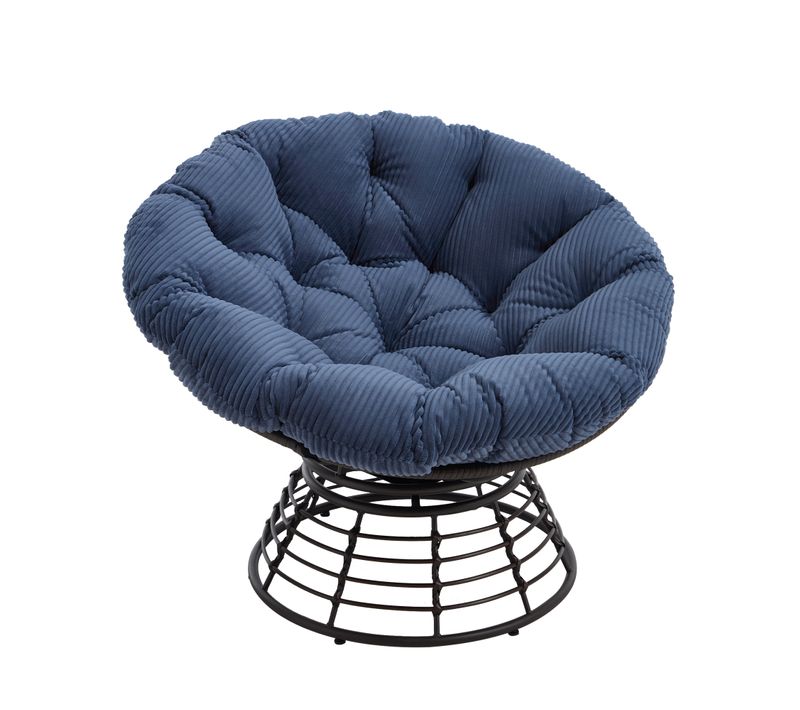 Fauteuil Papasan Pivotant 360° 92x92x67 Cm Avec Coussin épais, En Métal Marron Et Bleu Marine