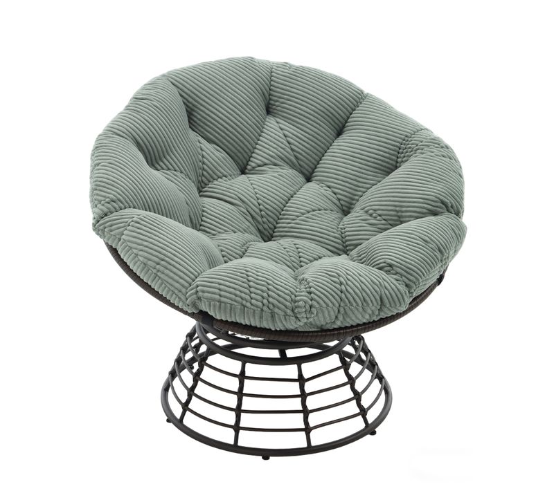 Fauteuil Papasan Pivotant 360° 92x92x67 Cm En Métal Marron Avec Coussin Vert Clair