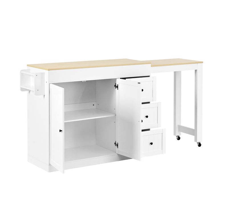 Îlot De Cuisine Extensible, Meuble De Bar à Roulettes Avec 3 Tiroirs Et Étagère à Épices, Blanc