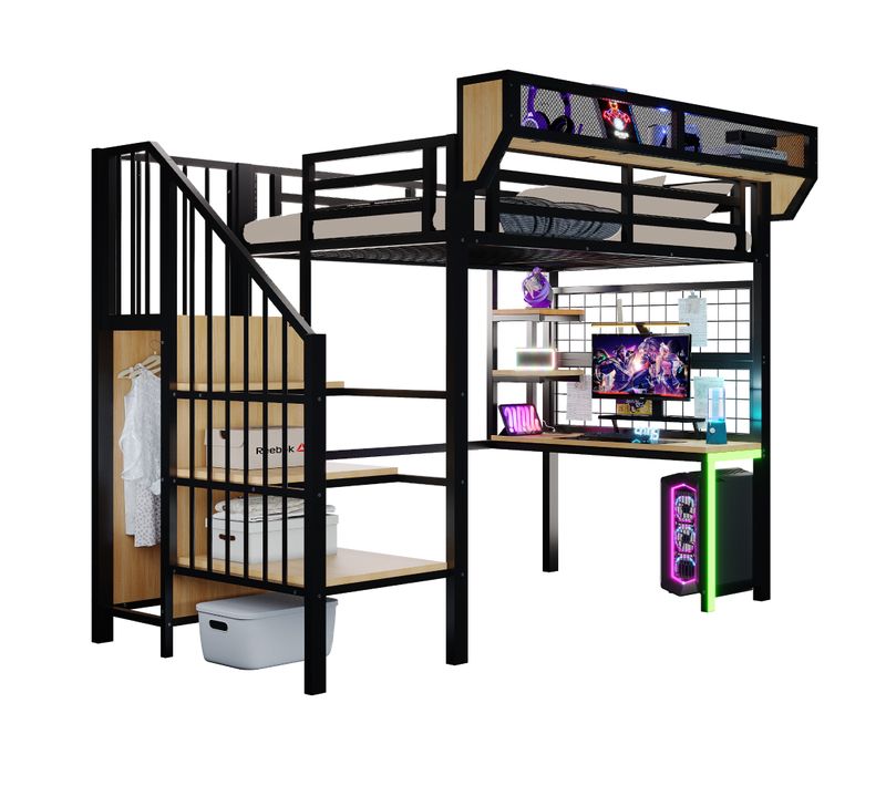 Lit Mezzanine Enfant 90x200 Cm Avec Bureau Intégré, Escalier De Rangement, LED Et Prises, Métal Noir