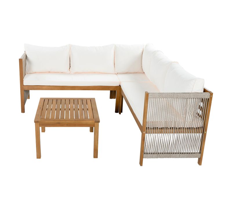 Salon De Jardin 5 Places Modulable D’angle Avec Table Basse, Bois Et Coussins Beige