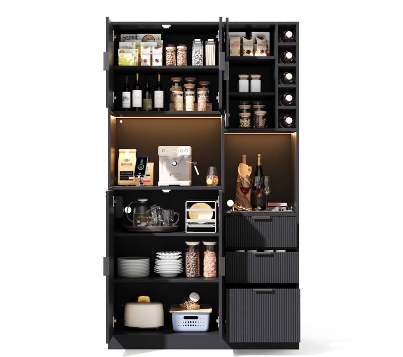 Buffet De Cuisine Haut 105x40x180 Cm Noir, LED, Prises, étagères Réglables, Casier À Vin, 3 Tiroirs