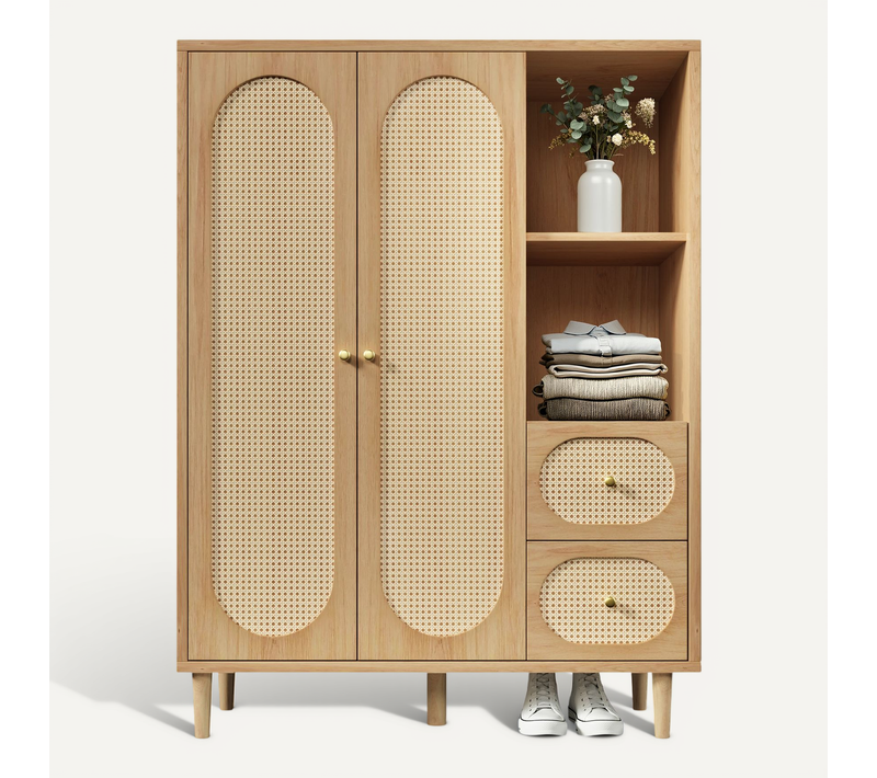 Armoire Chambre Style Campagne Chêne Avec 2 Portes, 2 Tiroirs Et Étagères Ouvertes