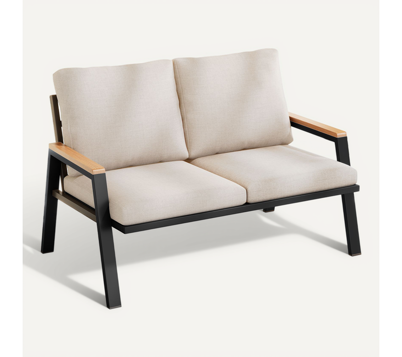 Canapé D’extérieur 2 Places Style Industriel, En Métal Noir Et Tissu Beige