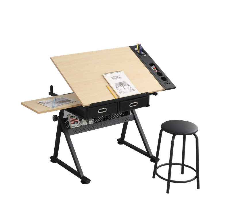 Bureau à Dessin Réglable 98x60x91 Cm Naturel Et Noir Avec 2 Tiroirs, Plateau Inclinable Et Tabouret