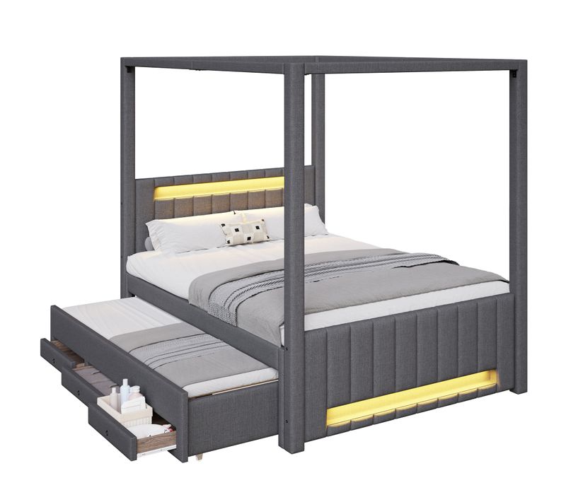 Lit Adulte à Baldaquin Gigogne 140x200/90x190 Cm Avec 3 Tiroirs Et LED, En Lin Gris