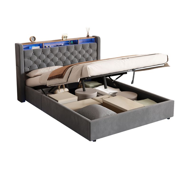 Lit Coffre 140x190 Cm 2 Places, Tête De Lit Rabattable Avec Rangement, LED, USB, Velours Gris Foncé