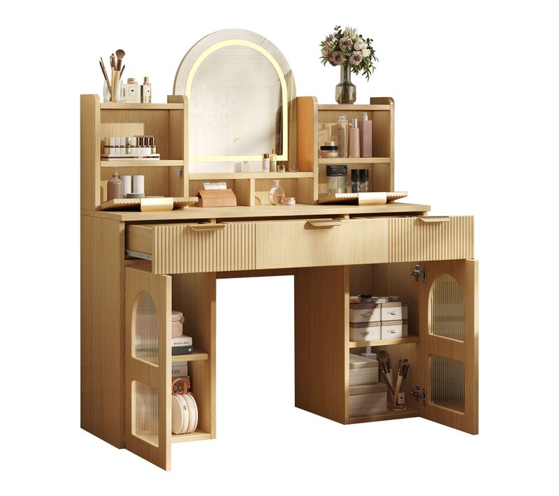 Coiffeuse LED 120x40x139,5 Cm Naturel Avec Miroir, Niches Ouvertes, 3 Tiroirs Et 4 Portes