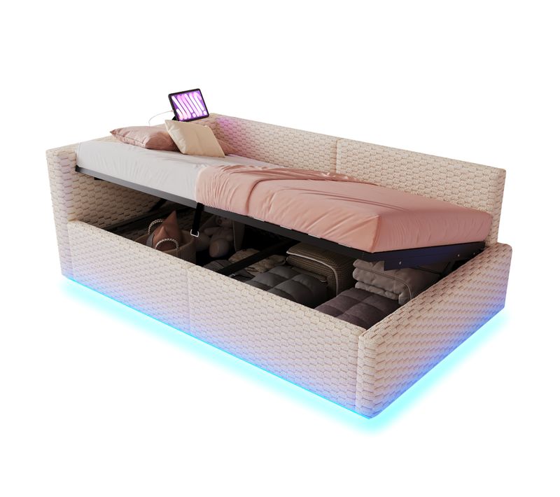 Lit Coffre Enfant 90x200 Cm En Velours Beige Avec LED, Ports USB, Type-c