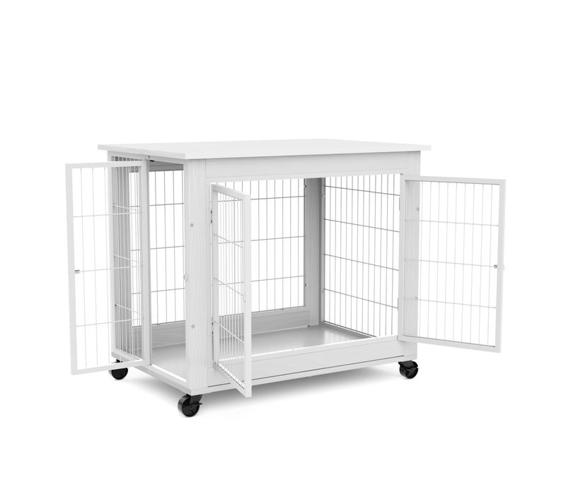 Cage Pour Chien Style Meuble Avec Roulettes Et Double Porte, Bois Blanc Et Métal, 80x56x69,5 Cm