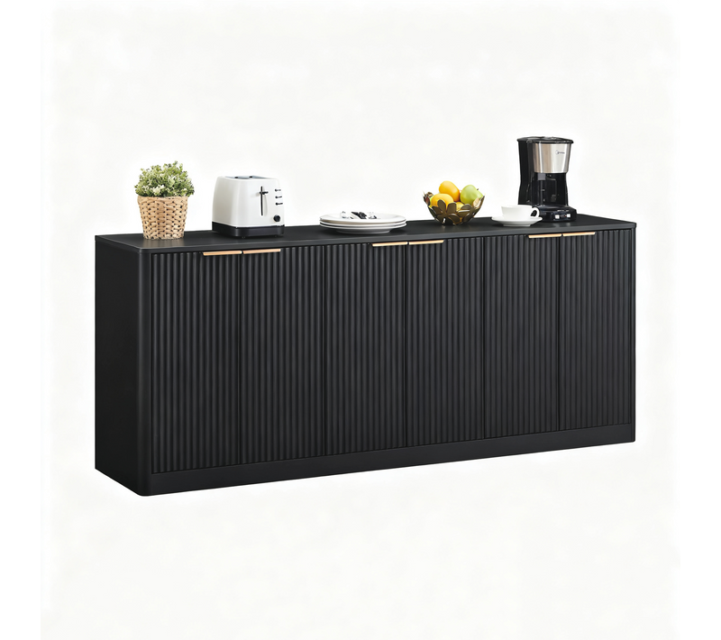 Buffet, Meuble TV 170x40x70,5 Cm Noir Avec 6 Portes, Design Ondulé, Salon Et Cuisine