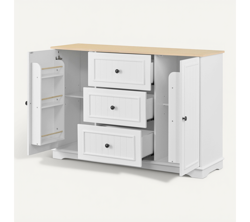 Buffet 126x40x86 Cm Blanc Avec 3 Tiroirs Et 2 Portes, Plateau En Bois Clair