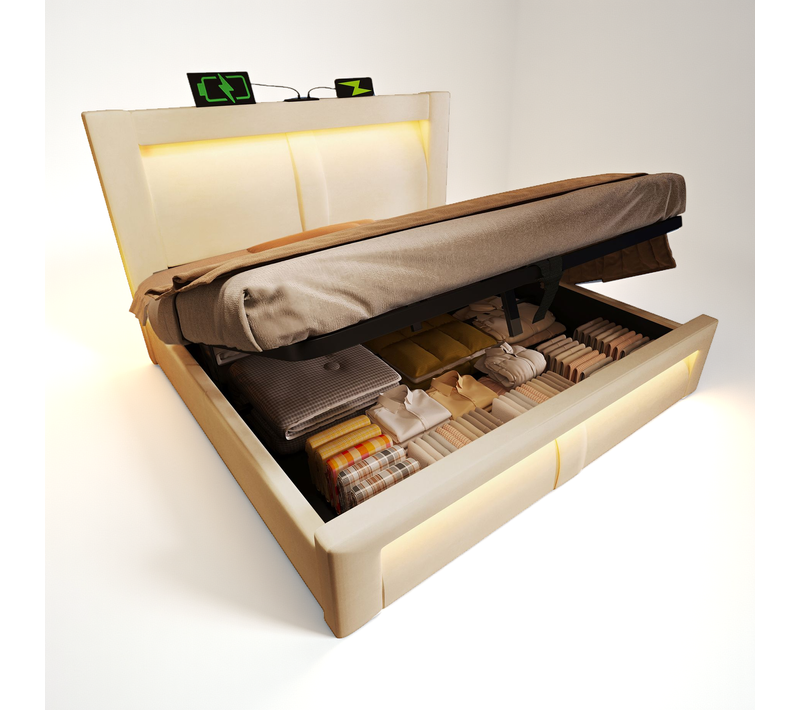 Lit Adulte Coffre 140x200 Cm Avec Rangement Hydraulique, LED, USB Et Type-c, Velours Beige