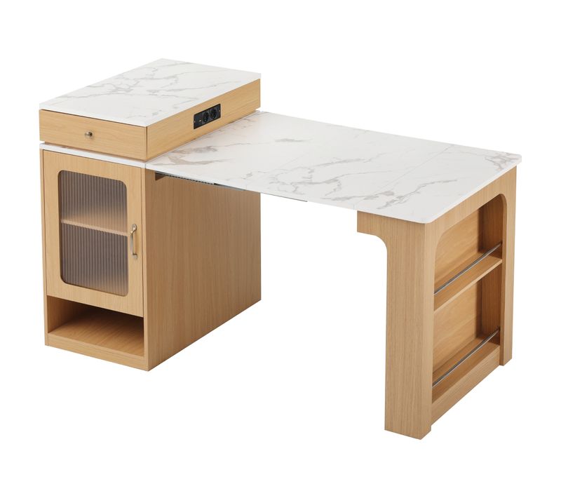 Meuble De Bar Extensible, Îlot De Cuisine Avec Prises, 2 Tiroirs Et Porte En Verre, Coloris Naturel