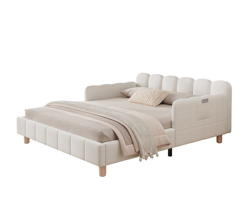 Lit 140x200 Cm 2 Places En Velours Beige Avec Poches De Rangement Et Sommier À Lattes