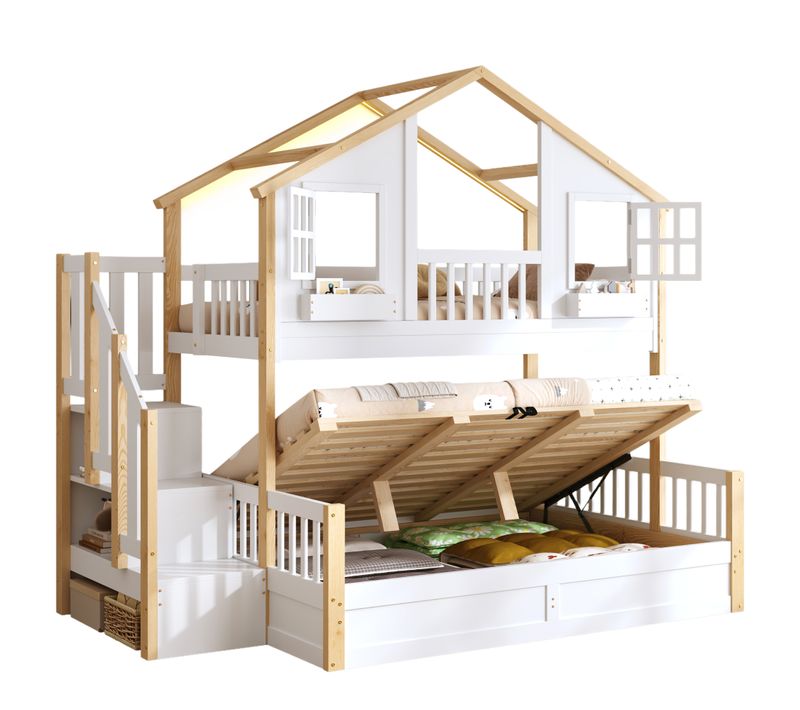 Lit Superposé Enfant 90x200/140x200 Cm Avec LED, Coffre Et Escalier De Rangement, Pin Blanc