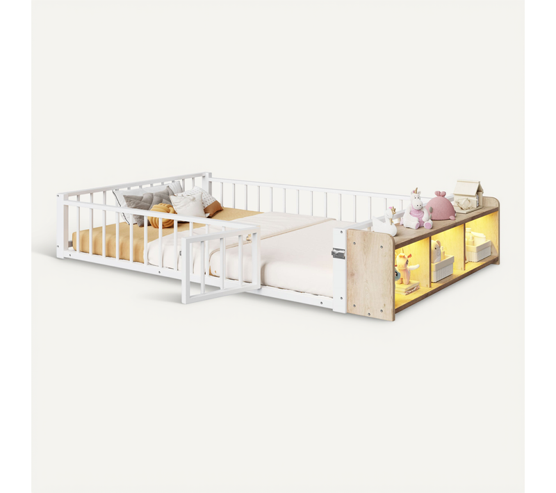 Lit Au Sol Enfant 140x200 Cm Avec Niches Ouvertes, LED Et Garde-corps, En Métal Blanc