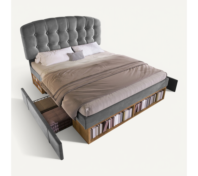 Lit Adulte 140x190 Cm Velours Gris Avec Tiroirs Et Rangements, Sommier à Lattes
