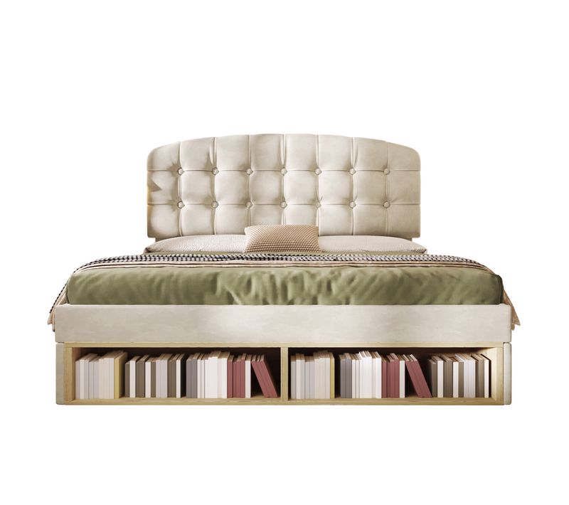 Lit 140x190 Cm 2 Places Velours Beige Avec Rangements, 2 Tiroirs Et Sommier à Lattes