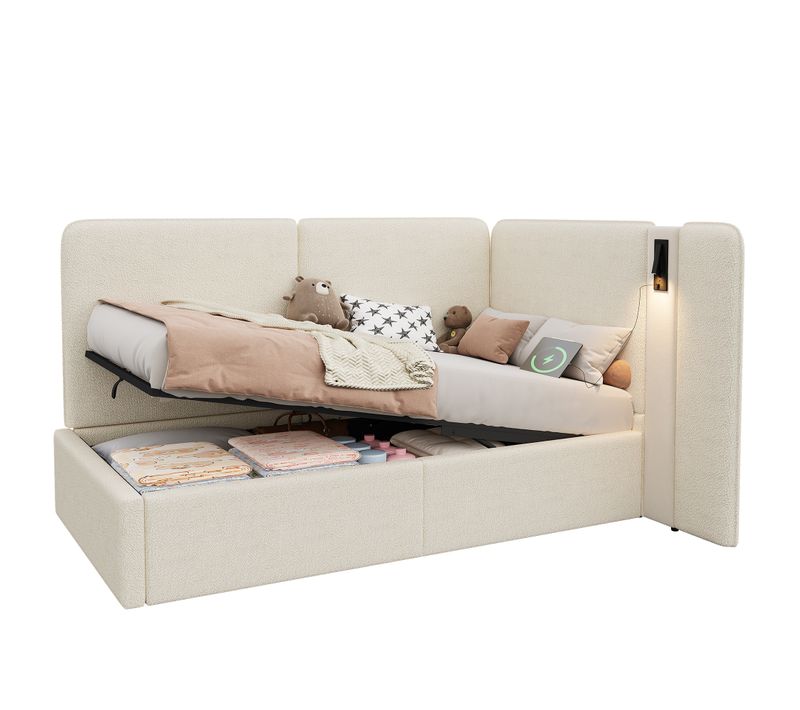 Lit Enfant LED 90x200 Cm Tissu Bouclé Beige Avec Coffre Rangement Et Liseuse, Ports USB Et Type-c