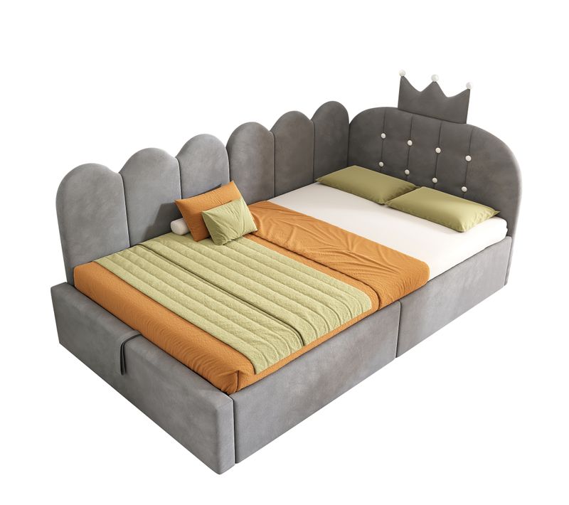 Lit Enfant 90x200 Cm En Velours Gris Avec Coffre De Rangement Et Sommier à Lattes