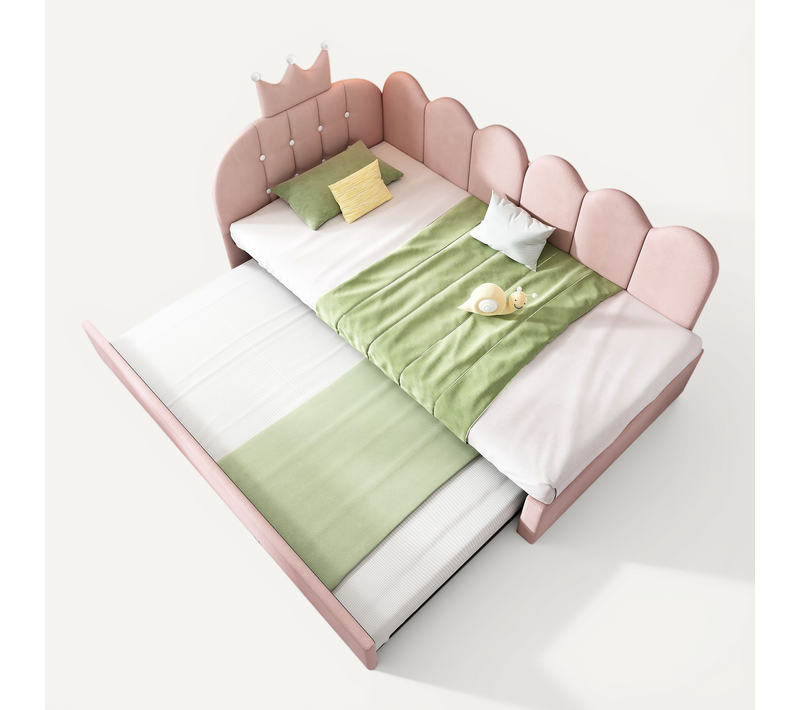 Lit Enfant 90x200 Cm + Lit Gigogne 90x190 Cm En Velours Rose, Design Couronne Et Grille