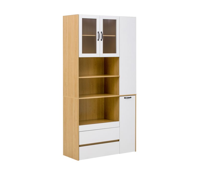 Buffet De Cuisine Haut 100x40x200 Cm Blanc Et Naturel Avec étagères, 3 Tiroirs Et 2 Portes