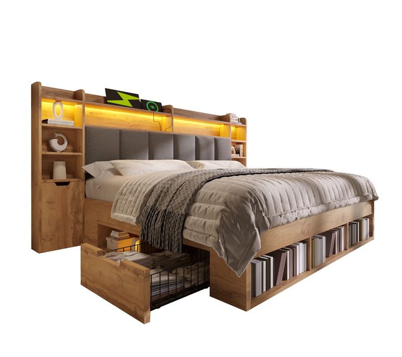Lit Adulte 160x200 Cm LED Avec 2 Tiroirs, Ports USB/type-c, Bois Coloris Chêne