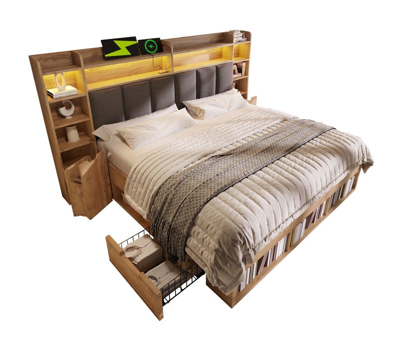 Lit 180x200 Cm Avec LED, Ports USB/type-c, 2 Tiroirs Et Tête De Lit à Rangement, Bois Coloris Chêne