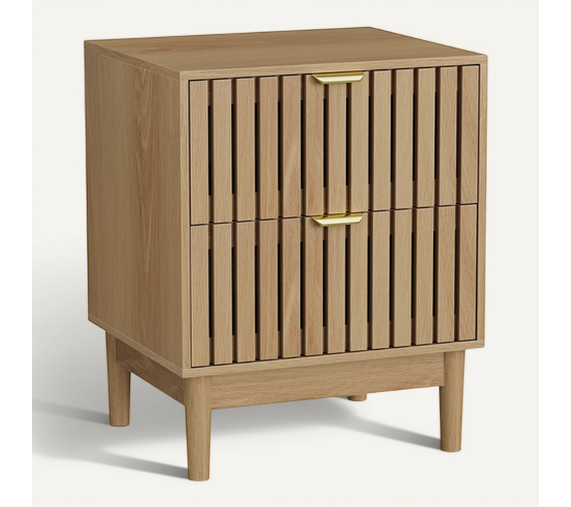 Table De Chevet 45x39x56,5 Cm Coloris Chêne Avec 2 Tiroirs, Pieds En Bois