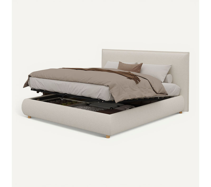 Lit Coffre Adulte 180x200 Cm Avec Rangements, Sommier à Lattes Et Tête De Lit, Tissu Bouclé Blanc