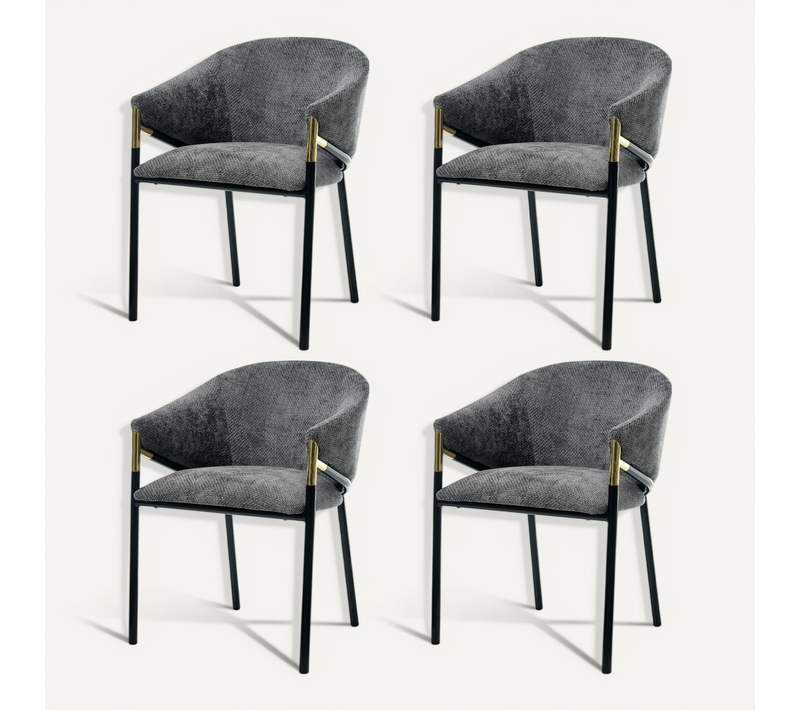 Lot De 4 Chaises De Salle à Manger En Chenille Grise Avec Accoudoirs Dorés