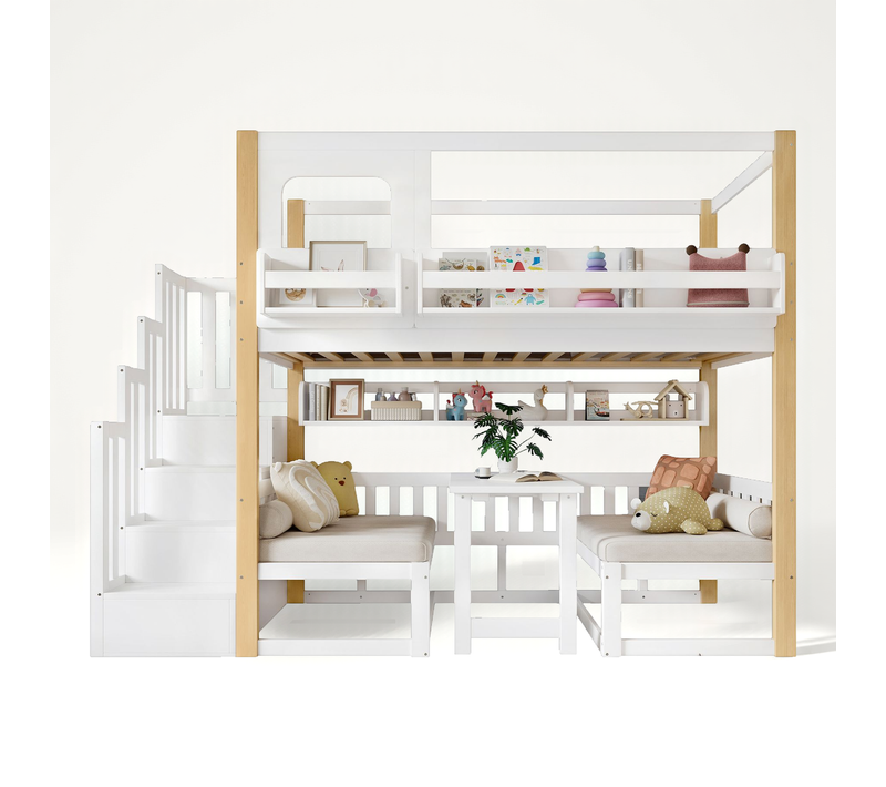 Lit Superposé Enfant 90x200 Cm, Garde-corps, Bureau Rabattable, Escalier De Rangement, Blanc Et Bois
