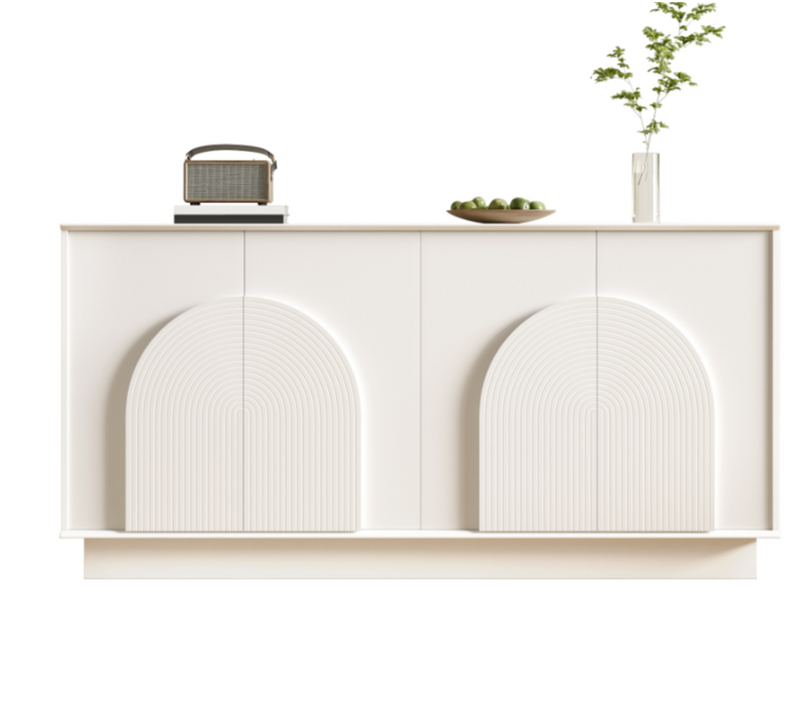 Buffet 160x38x80 Cm Blanc Avec 4 Portes Et Panneaux Cintrés, Pour Salon