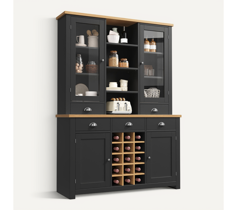 Buffet De Cuisine Haut 120x40x185 Cm Noir, 5 Tiroirs, Portes Vitrées Et Casier à Bouteilles Amovible