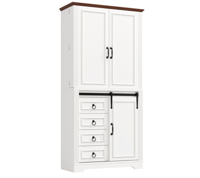 Buffet Haut De Cuisine 80x39.8x180 Cm Blanc Avec étagères Réglables, 4 Tiroirs Et 3 Portes