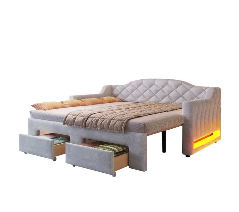 Lit Gigogne Enfant 90x200/180x200 Cm Avec 2 Tiroirs Et LED, En Velours Gris