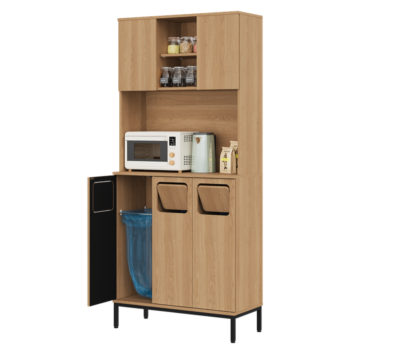 Buffet De Cuisine Haut 80x35x181 Cm Naturel, Compartiments Poubelles, 3 Portes Et étagères Réglables