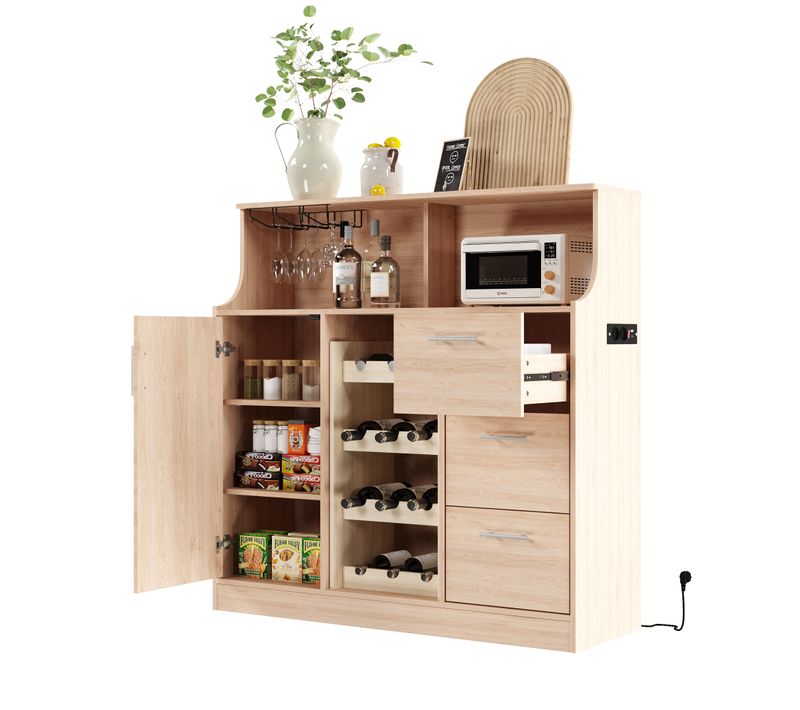 Buffet De Cuisine 120x40x121 Cm Naturel Avec LED, 3 Tiroirs, Range-verres Et Casier à Vin