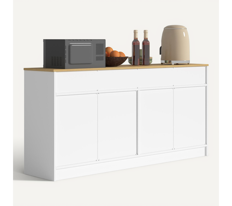 Buffet 160x37x76.5 Cm Blanc Avec 3 Tiroirs, 4 Portes Et étagères Réglables, Plateau Effet Bois