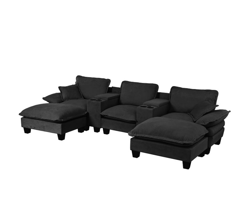Canapé D’angle Modulable 3 Places 324x155x90 Cm Chenille Noir Avec USB, Porte-gobelets Et Rangements